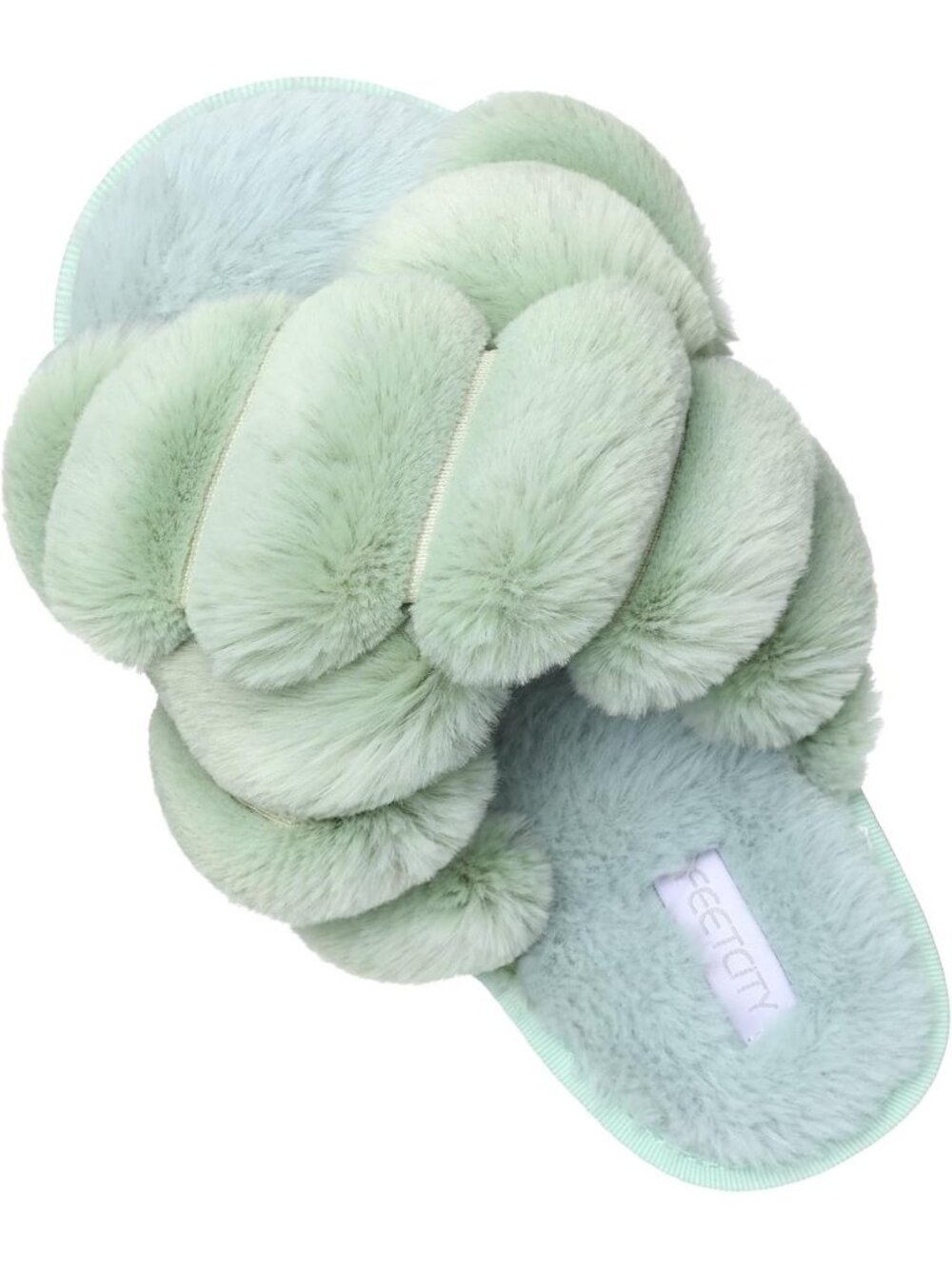 Women's Mint Green Fuzzy Fluffy House Criss Cross Furry Open Toe Slipper Shoes